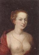 unknow artist A Young girl in a state of undress,wearing a burgundy mantle,and a gold chain and pendant oil painting